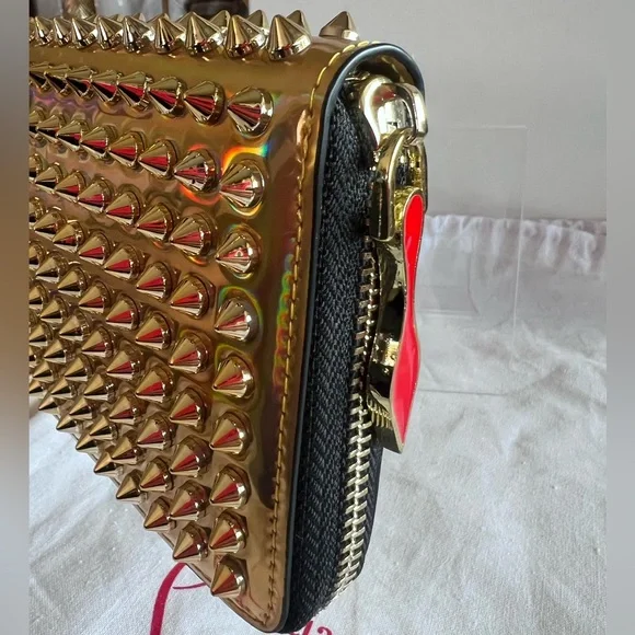 NEW Christian LOUBOUTIN Panettone Iridescent Gold Studded Red Leather Wallet